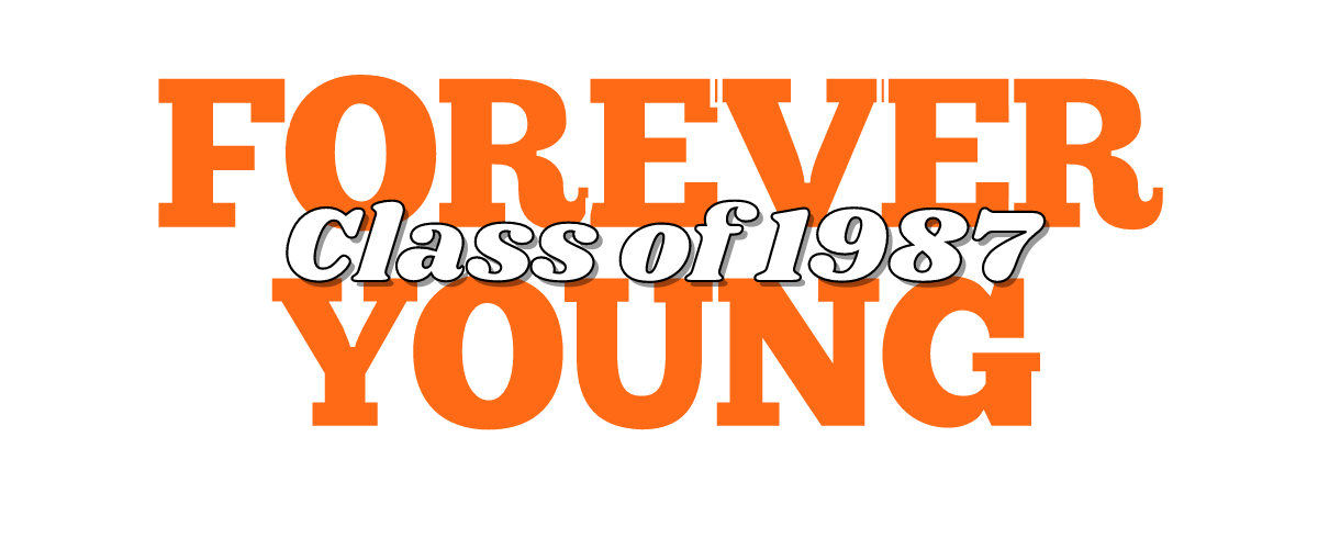 Forever young written in orange writing with Class of 1987 written over it and St. Louis Park Minnesota under it